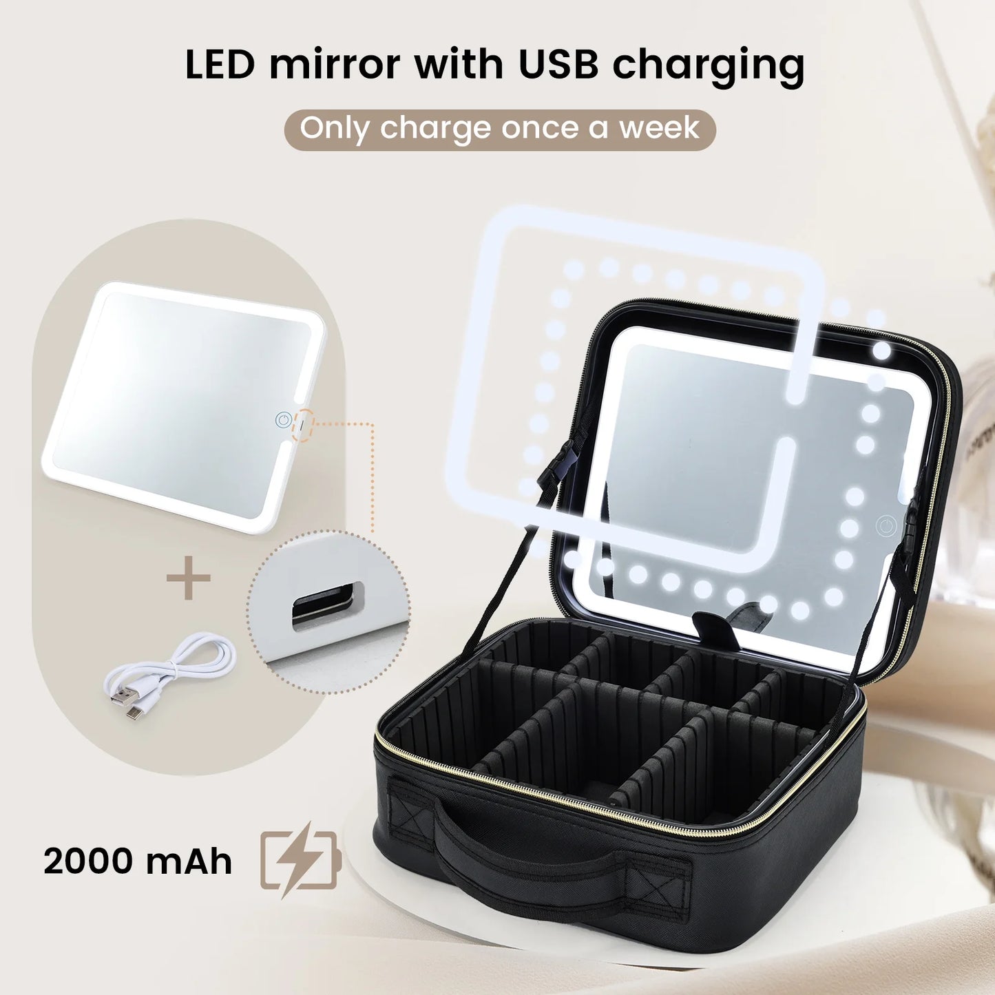 Trousse de maquillage de voyage avec miroir LED
