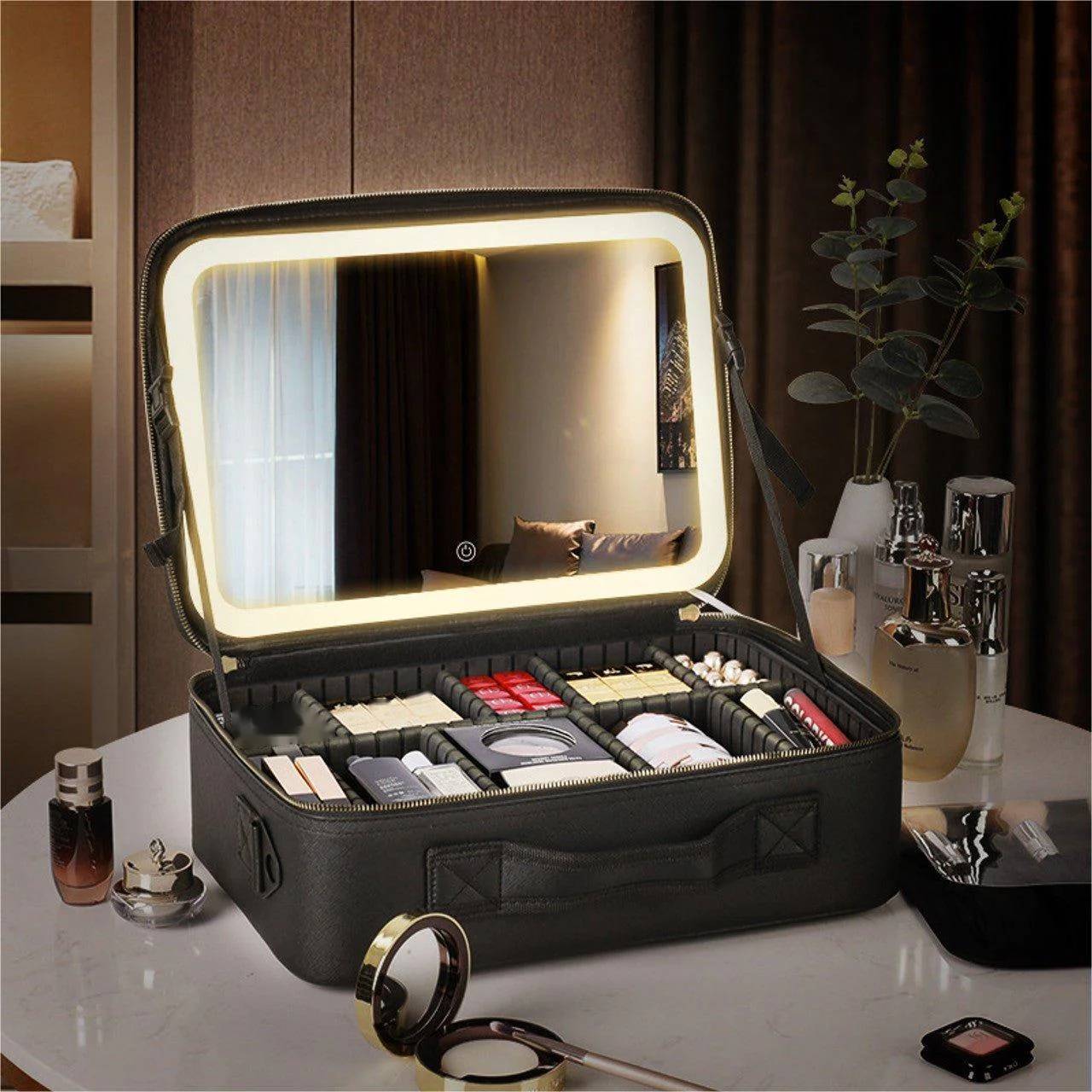 Trousse de maquillage de voyage avec miroir LED
