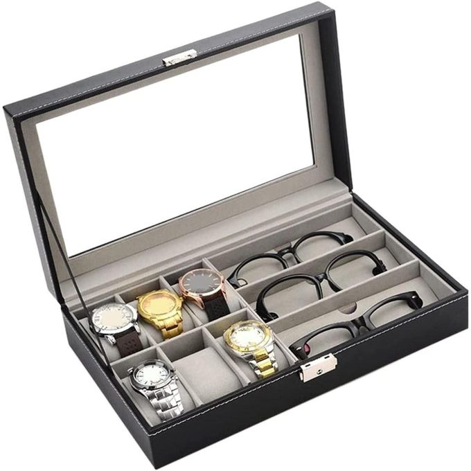 Coffret Montres & Lunettes en Cuir Noir Luxe