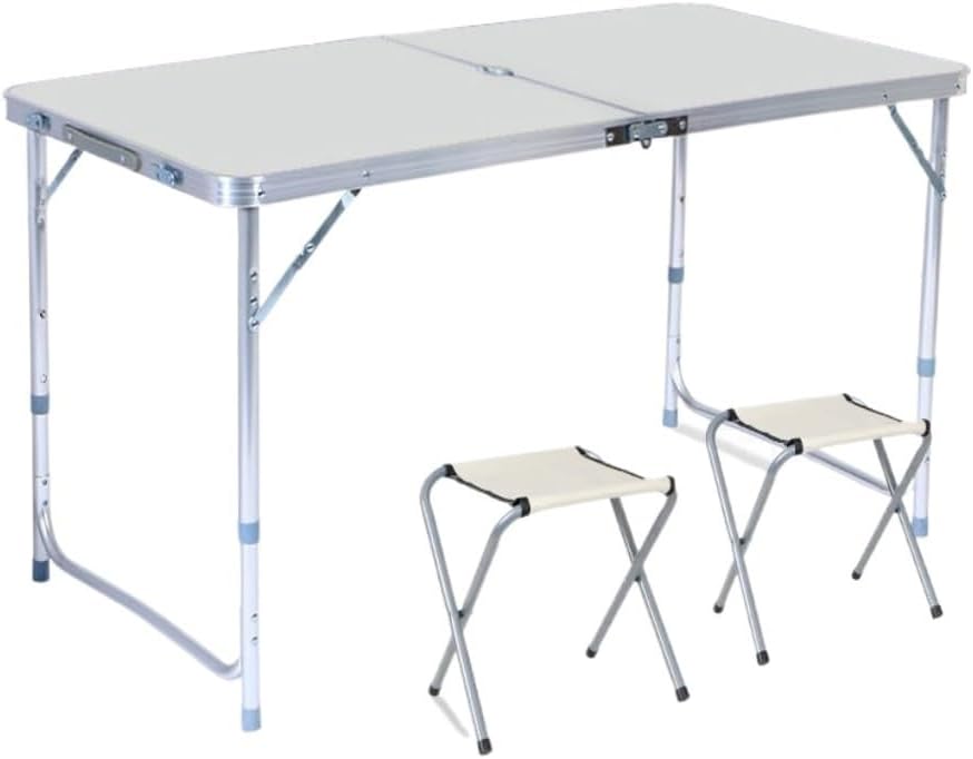 Table Pliante Aluminium Réglable en Hauteur + 2 Tabourets – Camping, Plage & Pique-Nique