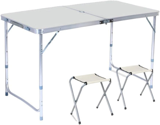 Table Pliante Aluminium Réglable en Hauteur + 2 Tabourets – Camping, Plage & Pique-Nique