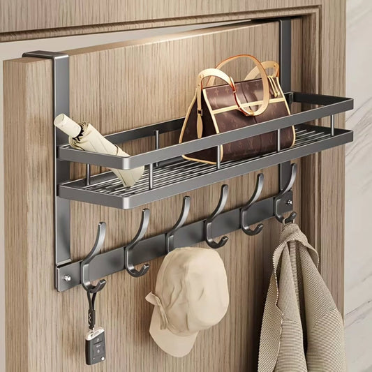 Étagère Porte-Manteaux à Suspendre sur Porte – Aluminium, 5 Crochets & Tablette