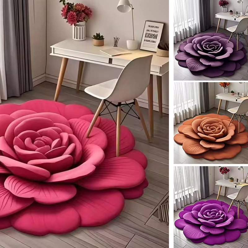 Tapis Rose 3D en Velours – Élégance Douce & Confort Luxueux pour Salon & Chambre
