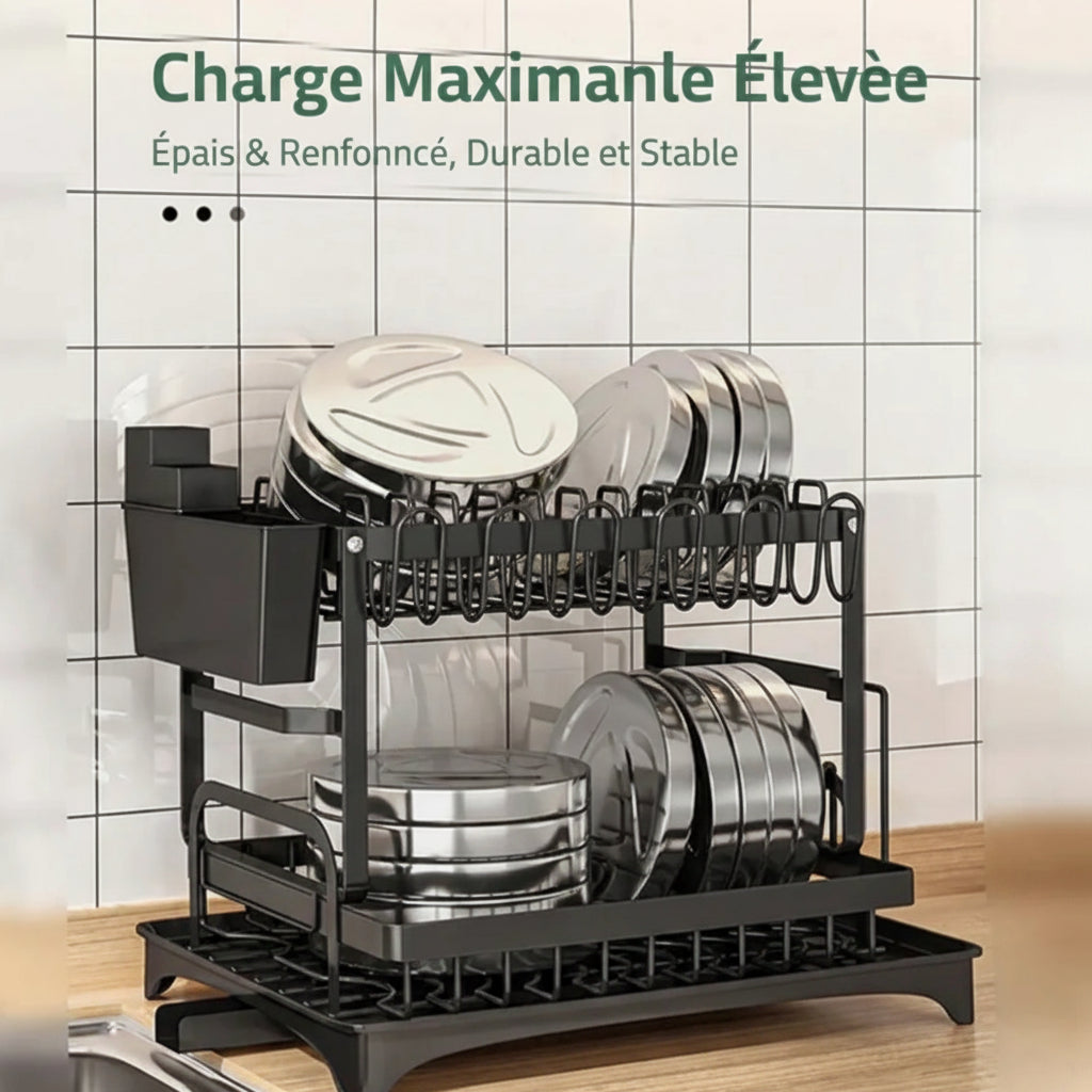 Égouttoir à Vaisselle 2 Niveaux en Acier Noir – Grande Capacité & Bac de Drainage