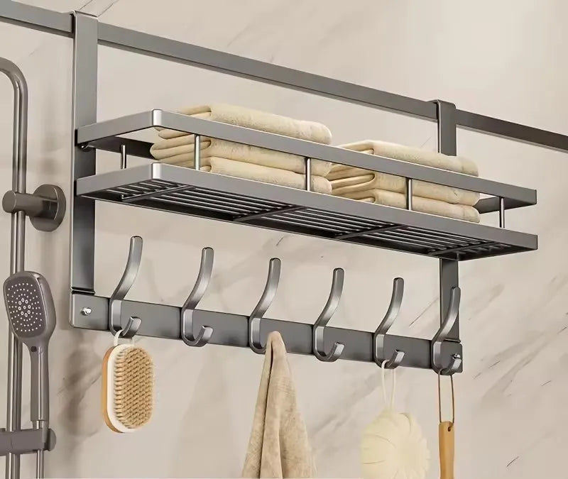 Étagère Porte-Manteaux à Suspendre sur Porte – Aluminium, 5 Crochets & Tablette