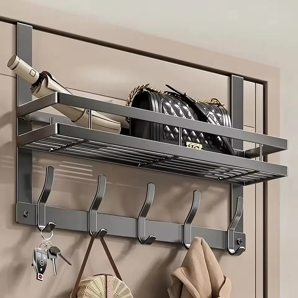 Étagère Porte-Manteaux à Suspendre sur Porte – Aluminium, 5 Crochets & Tablette
